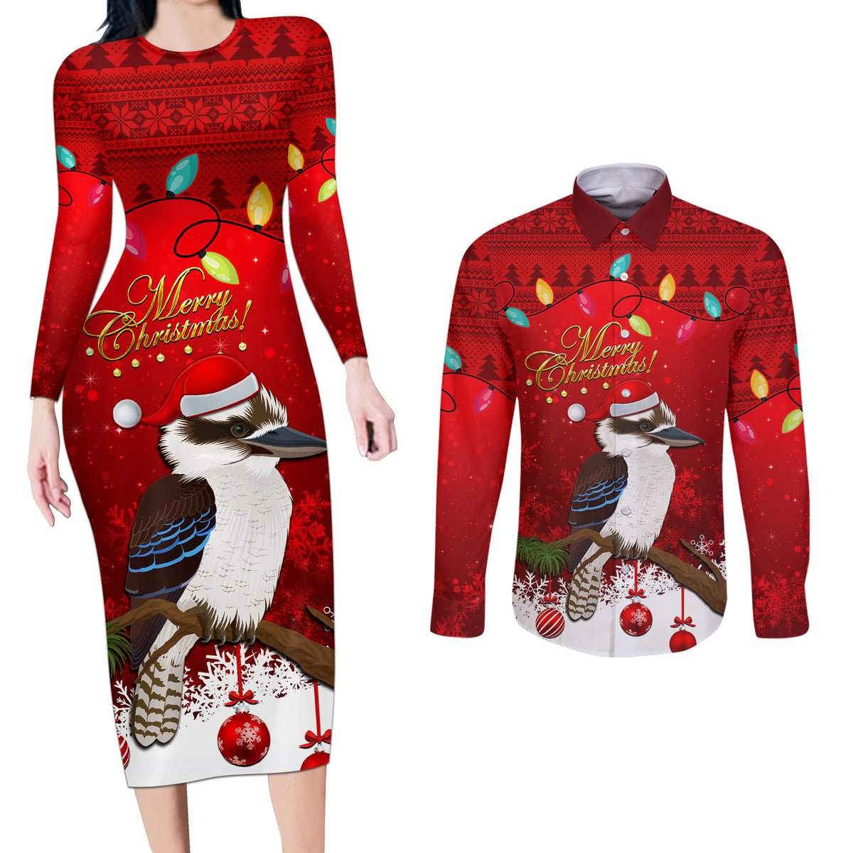 australia-christmas-couples-matching-long-sleeve-bodycon-dress-and-long-sleeve-button-shirt-aussie-kookaburra-santa-merry-xmas