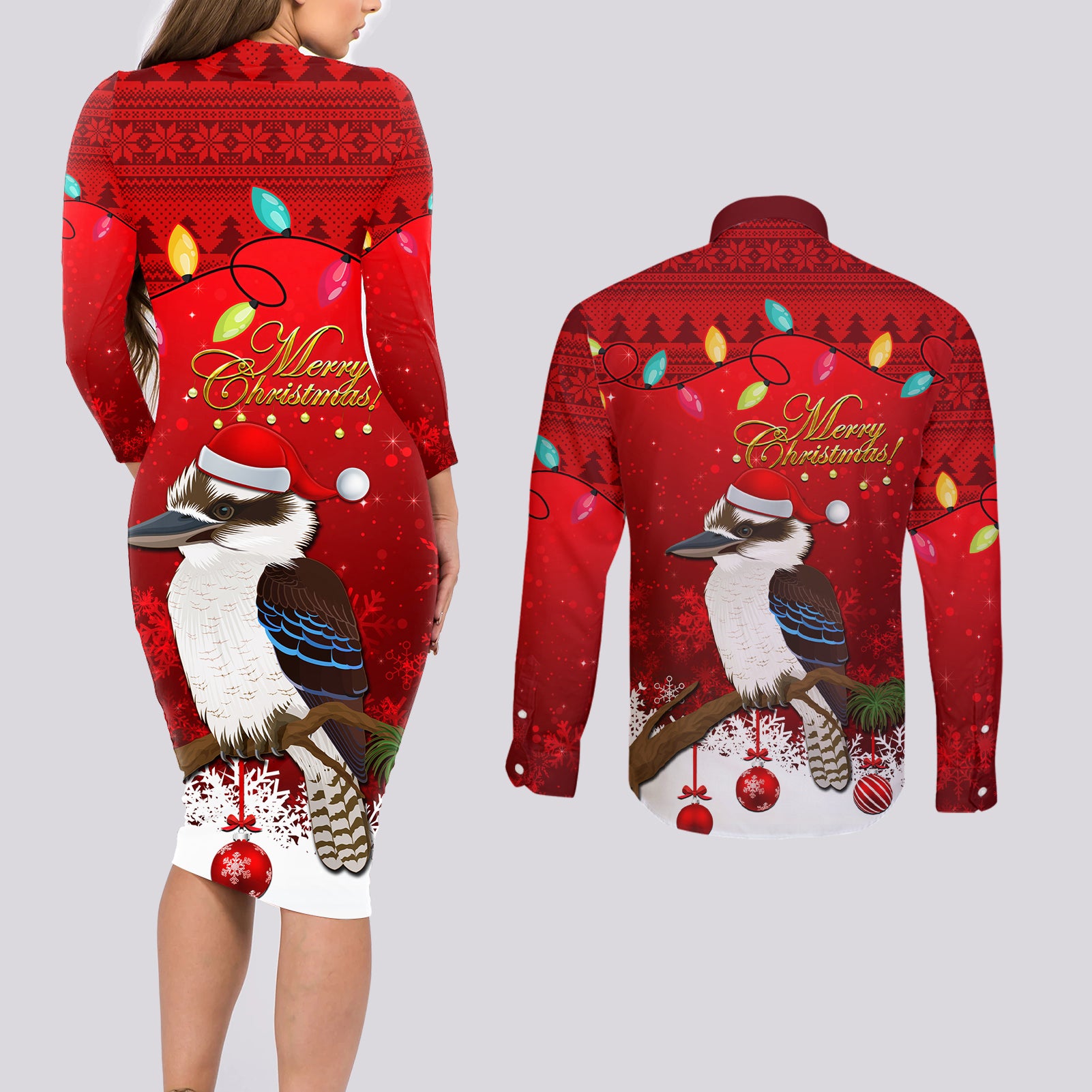 australia-christmas-couples-matching-long-sleeve-bodycon-dress-and-long-sleeve-button-shirt-aussie-kookaburra-santa-merry-xmas