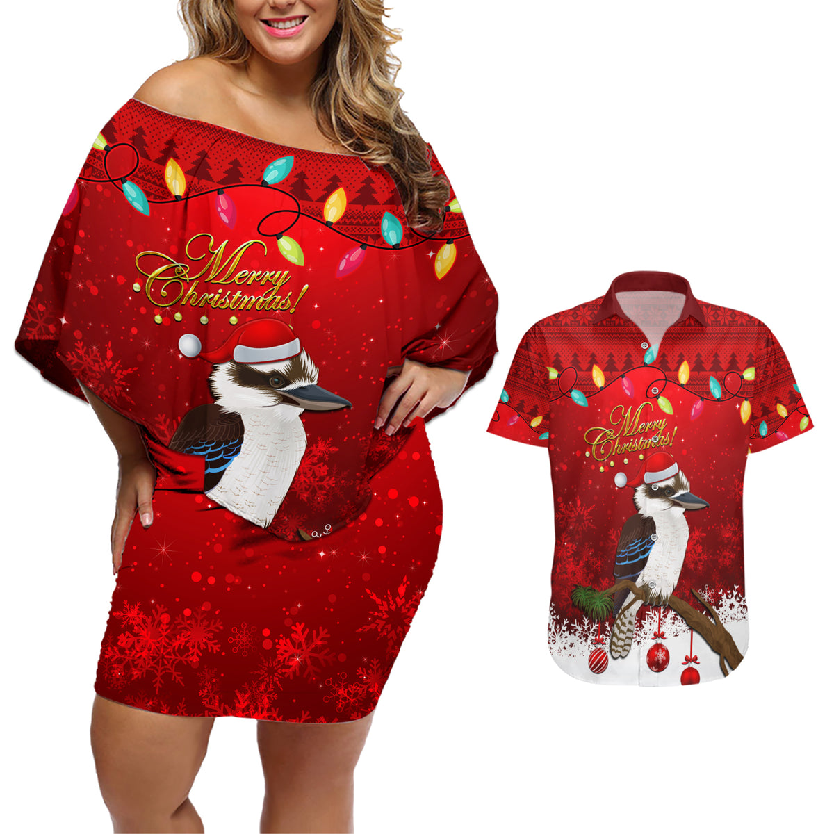 australia-christmas-couples-matching-off-shoulder-short-dress-and-hawaiian-shirt-aussie-kookaburra-santa-merry-xmas
