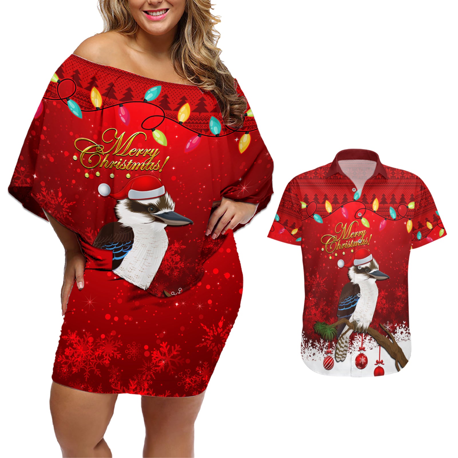 australia-christmas-couples-matching-off-shoulder-short-dress-and-hawaiian-shirt-aussie-kookaburra-santa-merry-xmas