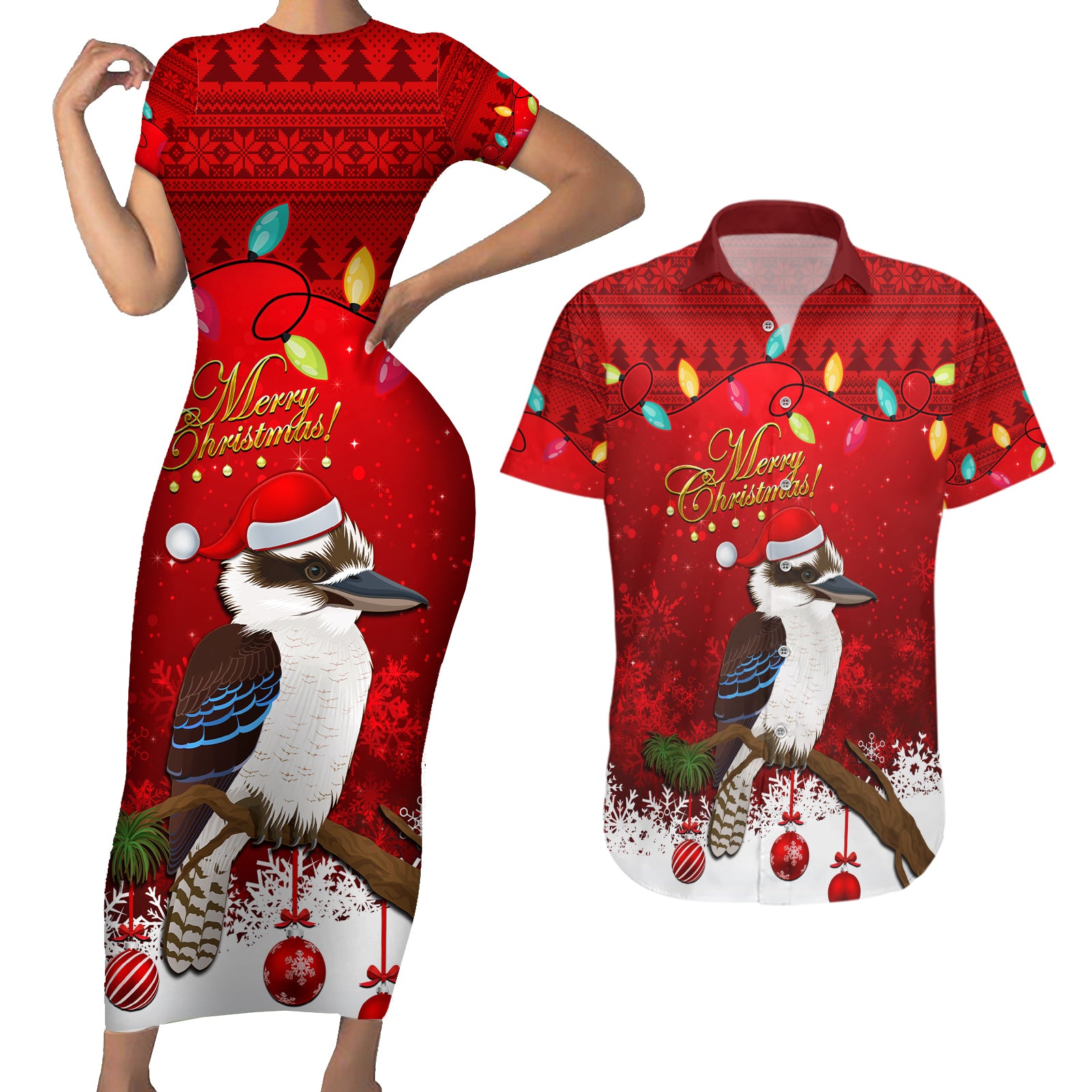 australia-christmas-couples-matching-short-sleeve-bodycon-dress-and-hawaiian-shirt-aussie-kookaburra-santa-merry-xmas