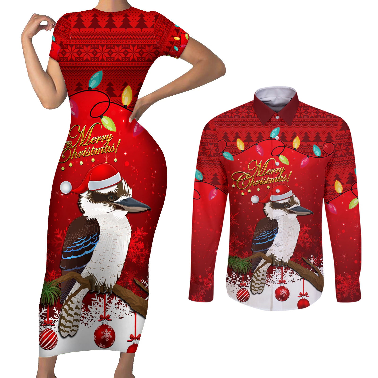 australia-christmas-couples-matching-short-sleeve-bodycon-dress-and-long-sleeve-button-shirt-aussie-kookaburra-santa-merry-xmas