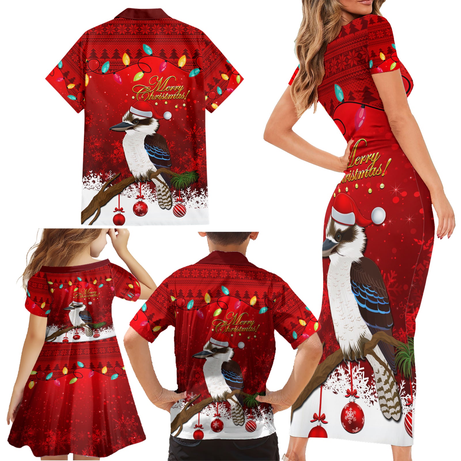 australia-christmas-family-matching-short-sleeve-bodycon-dress-and-hawaiian-shirt-aussie-kookaburra-santa-merry-xmas