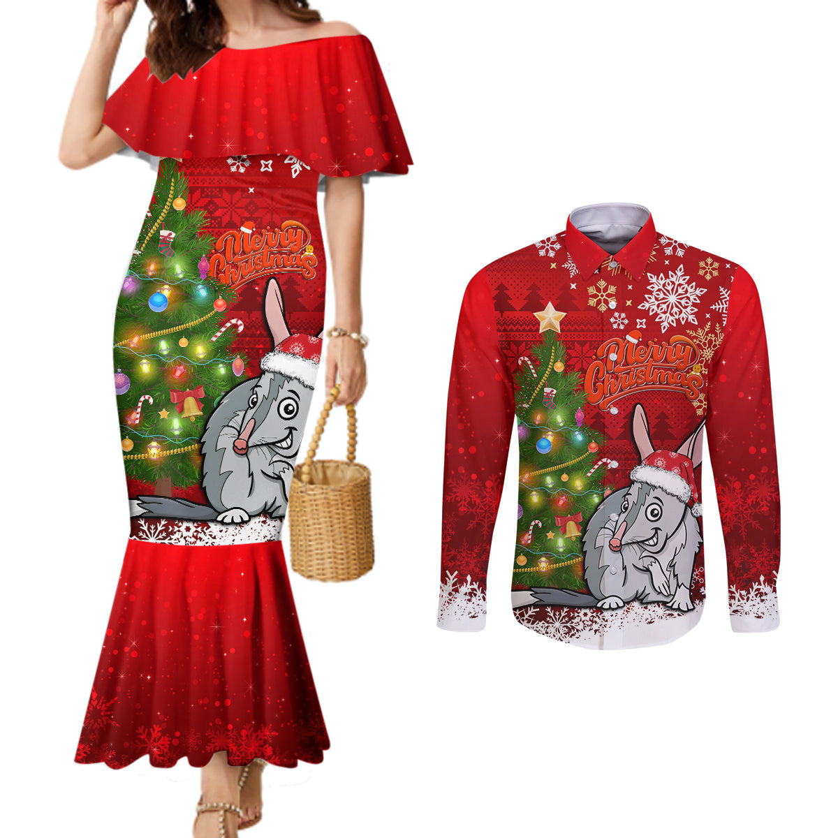 australia-christmas-couples-matching-mermaid-dress-and-long-sleeve-button-shirt-aussie-bilby-santa-merry-xmas