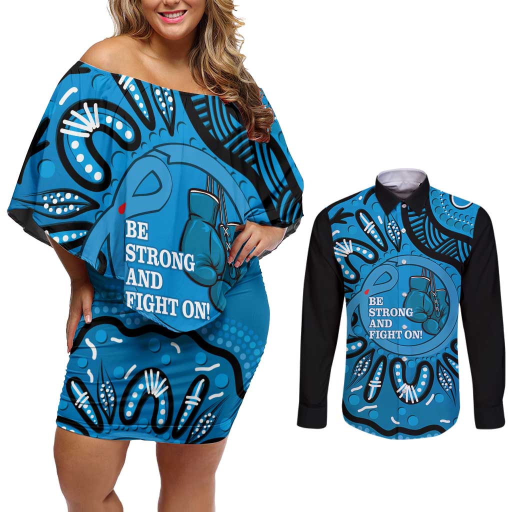 Australia Diabetes Awareness Month Couples Matching Off Shoulder Short Dress and Long Sleeve Button Shirt Be Strong And Fight On Aboriginal Art