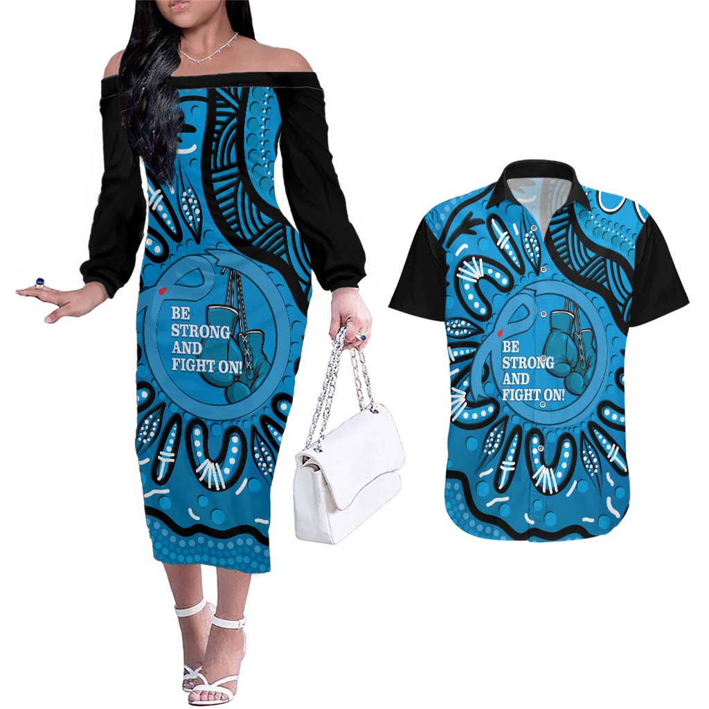 Australia Diabetes Awareness Month Couples Matching Off The Shoulder Long Sleeve Dress and Hawaiian Shirt Be Strong And Fight On Aboriginal Art