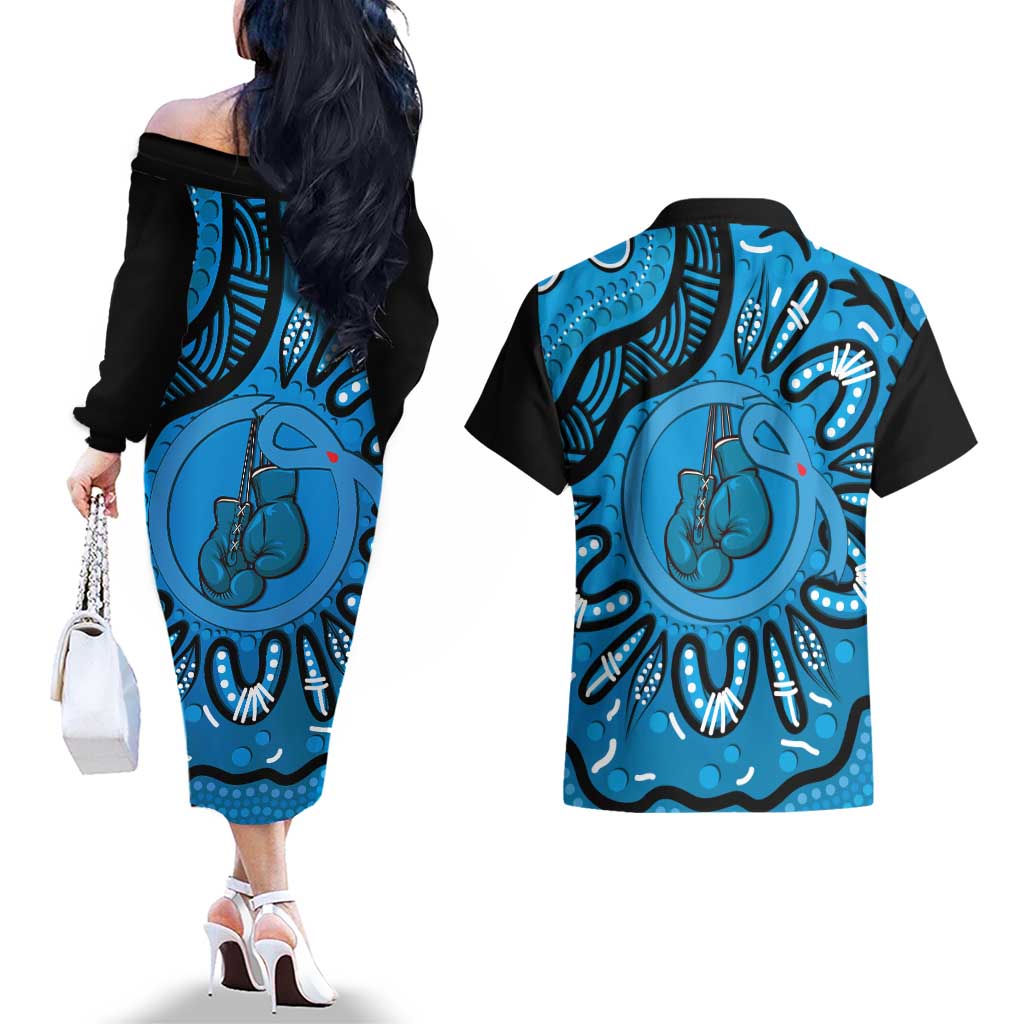 Australia Diabetes Awareness Month Couples Matching Off The Shoulder Long Sleeve Dress and Hawaiian Shirt Be Strong And Fight On Aboriginal Art