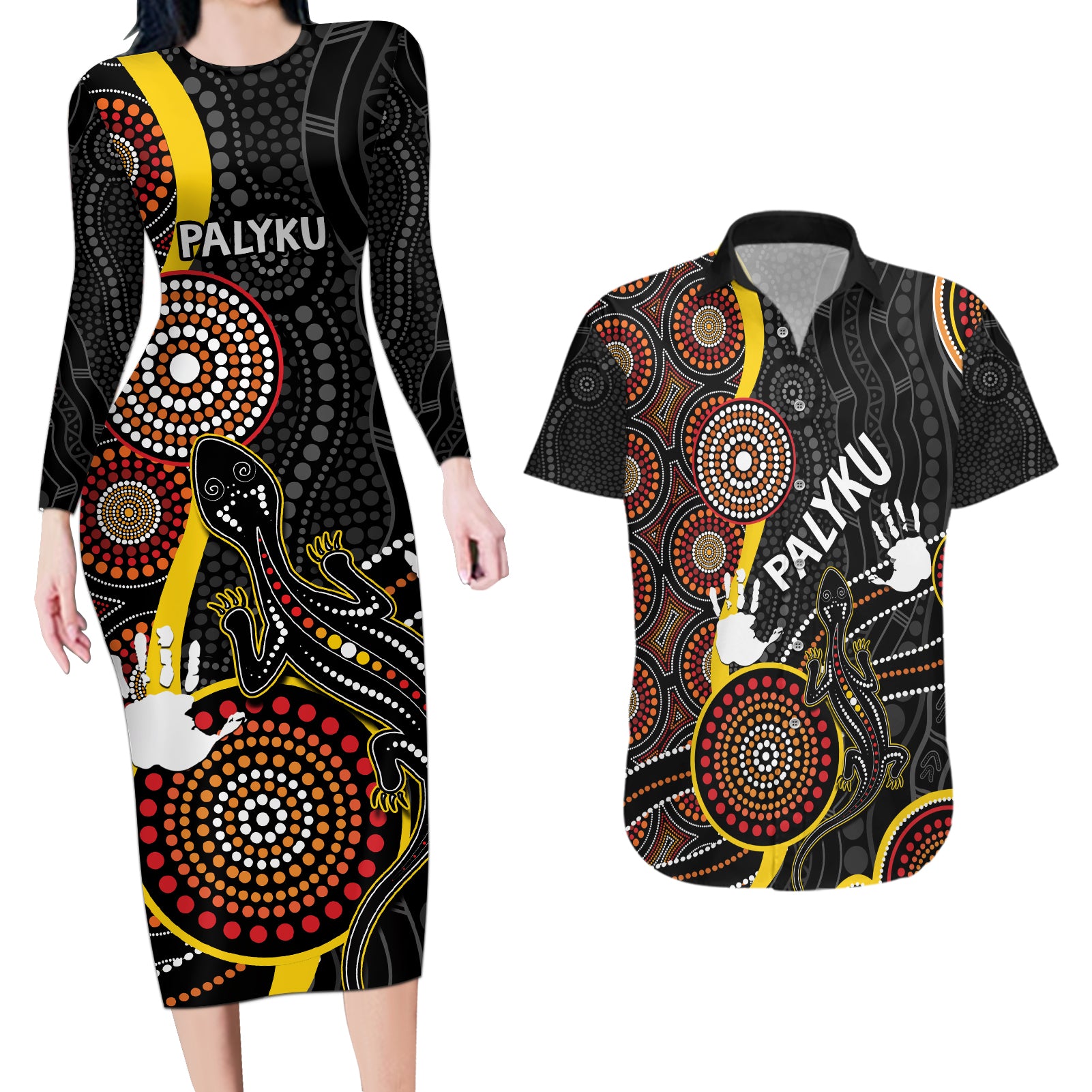 palyku-australia-lizard-aboriginal-art-couples-matching-long-sleeve-bodycon-dress-and-hawaiian-shirt