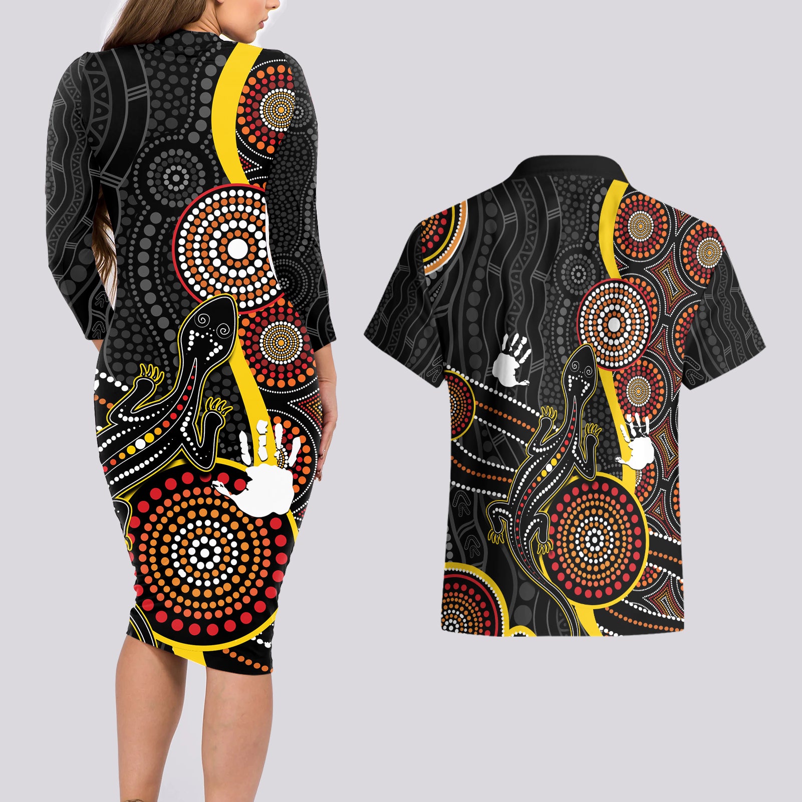 palyku-australia-lizard-aboriginal-art-couples-matching-long-sleeve-bodycon-dress-and-hawaiian-shirt
