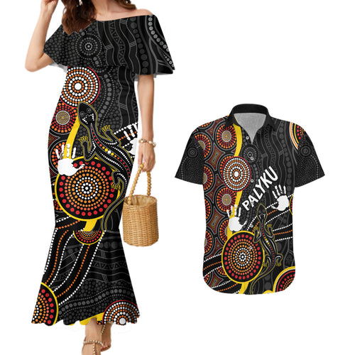 palyku-australia-lizard-aboriginal-art-couples-matching-mermaid-dress-and-hawaiian-shirt