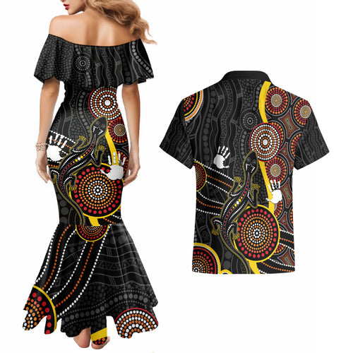 palyku-australia-lizard-aboriginal-art-couples-matching-mermaid-dress-and-hawaiian-shirt
