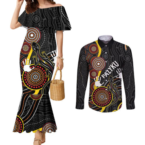 palyku-australia-lizard-aboriginal-art-couples-matching-mermaid-dress-and-long-sleeve-button-shirt