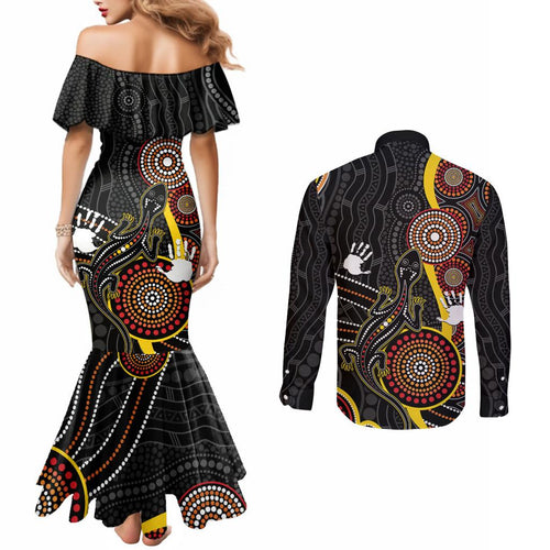 palyku-australia-lizard-aboriginal-art-couples-matching-mermaid-dress-and-long-sleeve-button-shirt