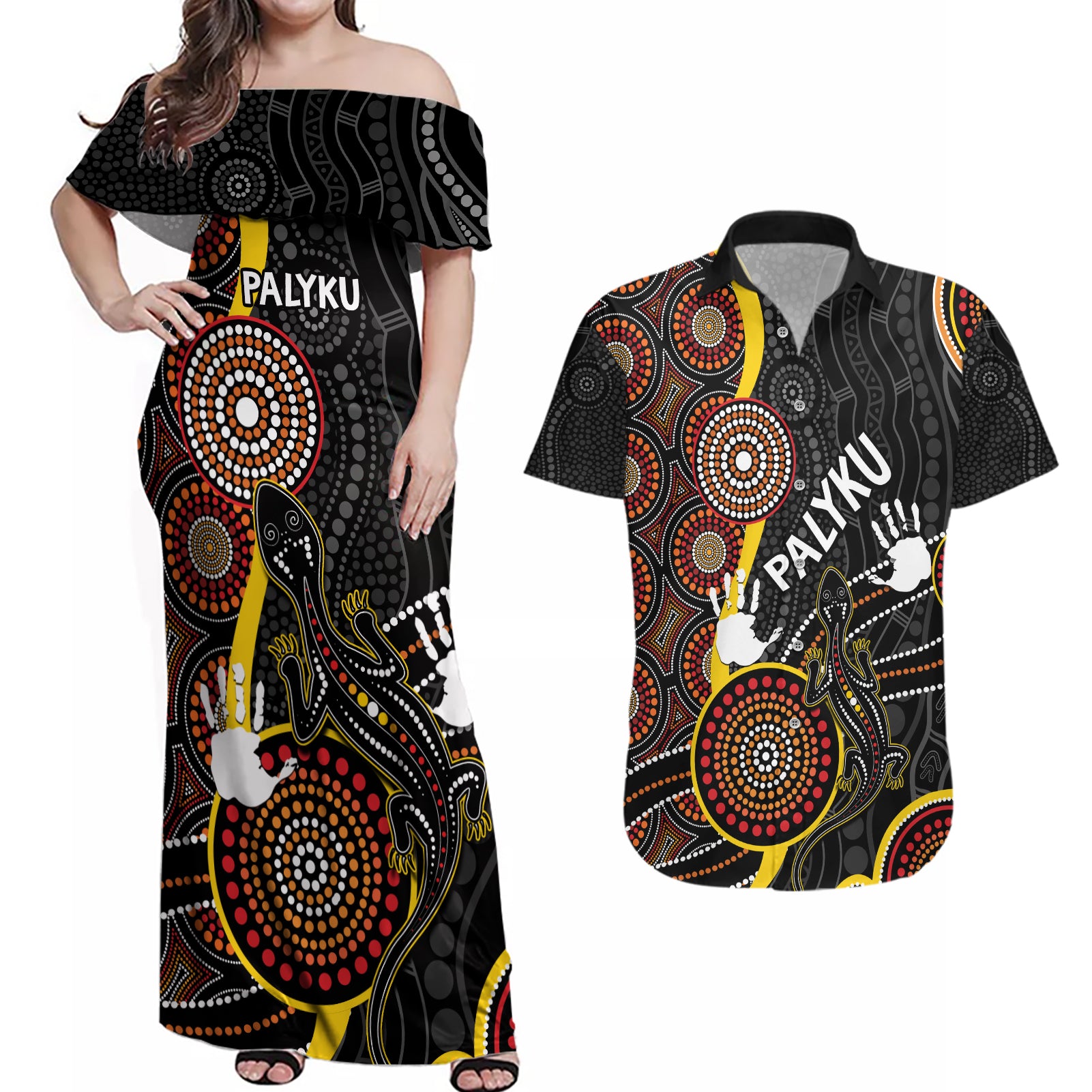 palyku-australia-lizard-aboriginal-art-couples-matching-off-shoulder-maxi-dress-and-hawaiian-shirt