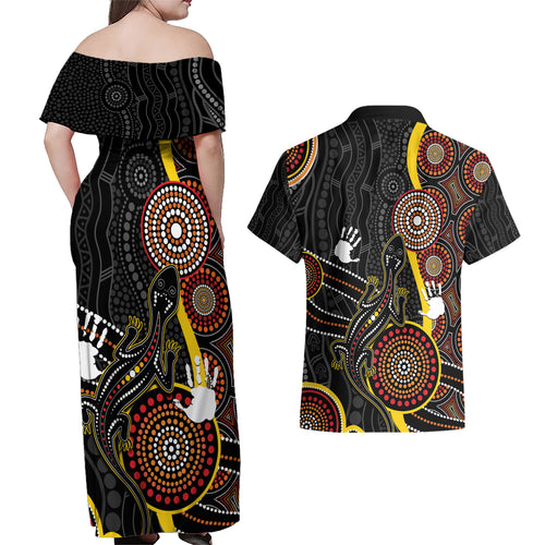 palyku-australia-lizard-aboriginal-art-couples-matching-off-shoulder-maxi-dress-and-hawaiian-shirt