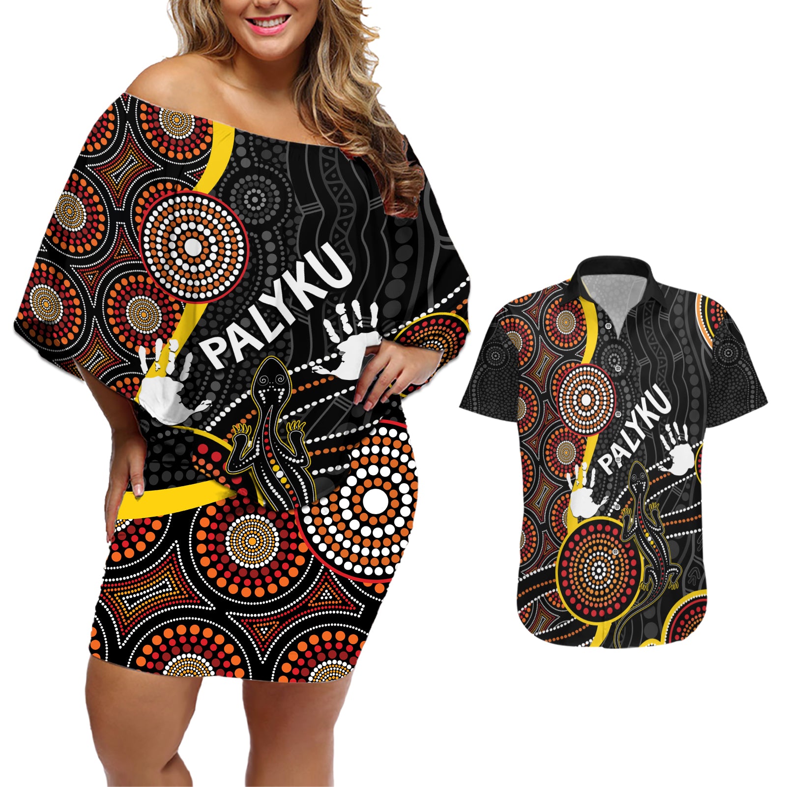 palyku-australia-lizard-aboriginal-art-couples-matching-off-shoulder-short-dress-and-hawaiian-shirt