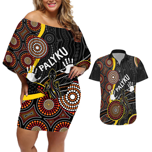 palyku-australia-lizard-aboriginal-art-couples-matching-off-shoulder-short-dress-and-hawaiian-shirt