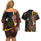 palyku-australia-lizard-aboriginal-art-couples-matching-off-shoulder-short-dress-and-hawaiian-shirt