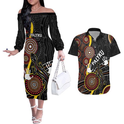 palyku-australia-lizard-aboriginal-art-couples-matching-off-the-shoulder-long-sleeve-dress-and-hawaiian-shirt