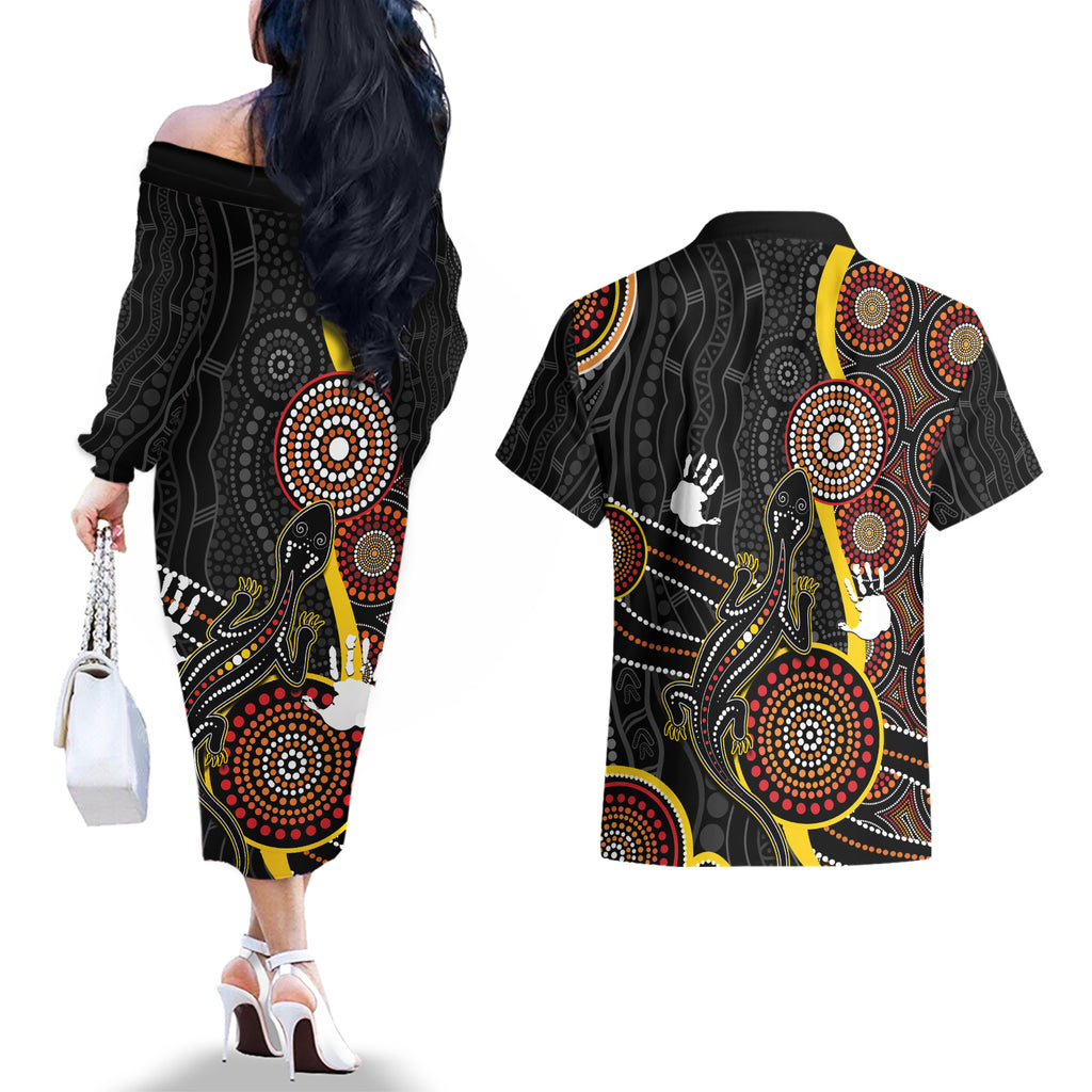 palyku-australia-lizard-aboriginal-art-couples-matching-off-the-shoulder-long-sleeve-dress-and-hawaiian-shirt