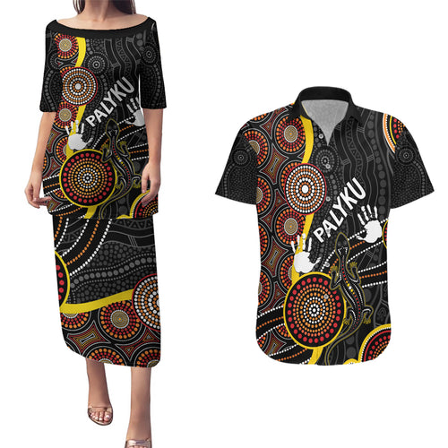 palyku-australia-lizard-aboriginal-art-couples-matching-puletasi-dress-and-hawaiian-shirt