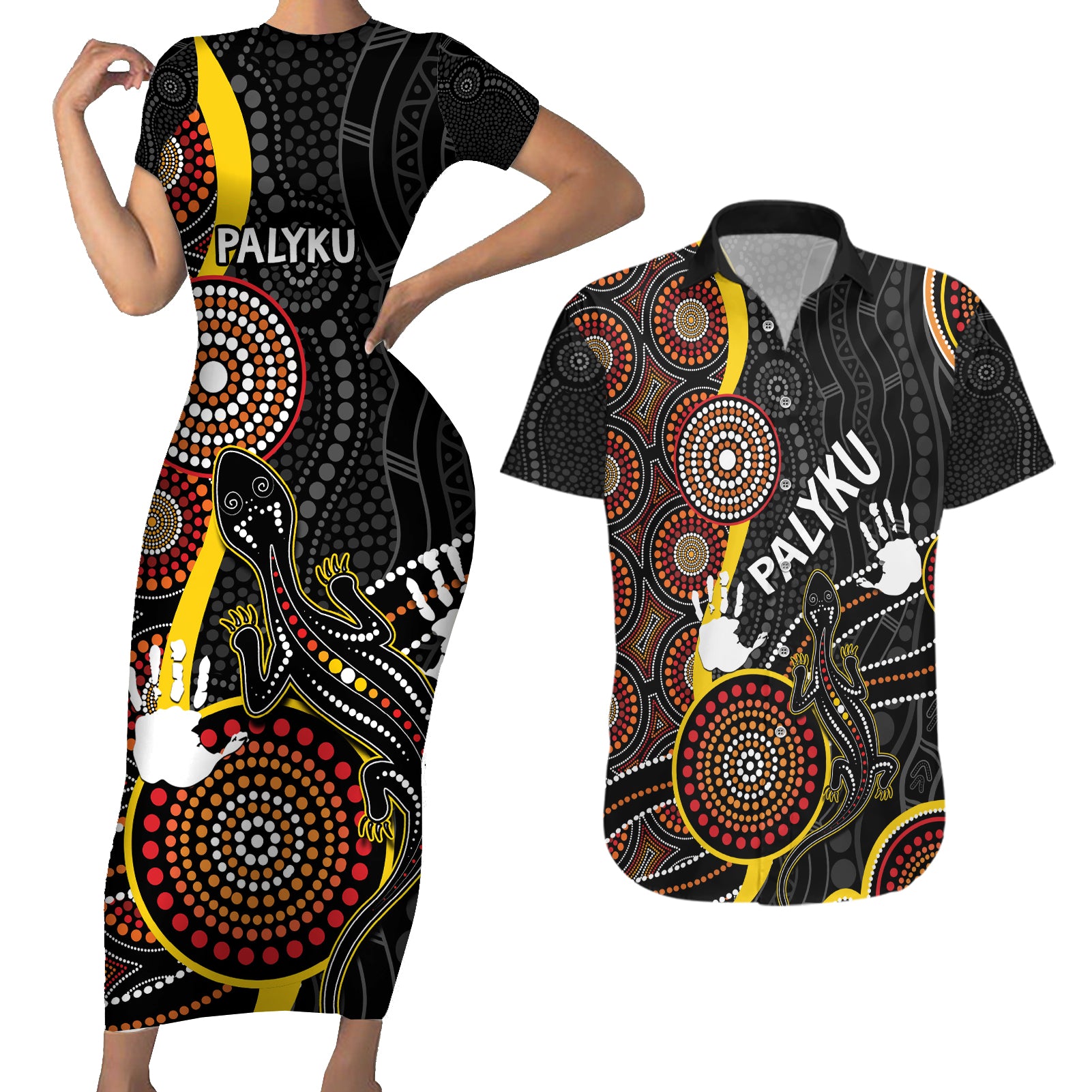 palyku-australia-lizard-aboriginal-art-couples-matching-short-sleeve-bodycon-dress-and-hawaiian-shirt