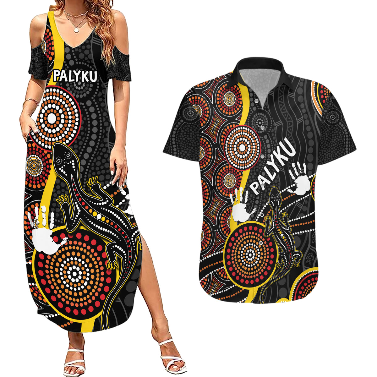 palyku-australia-lizard-aboriginal-art-couples-matching-summer-maxi-dress-and-hawaiian-shirt