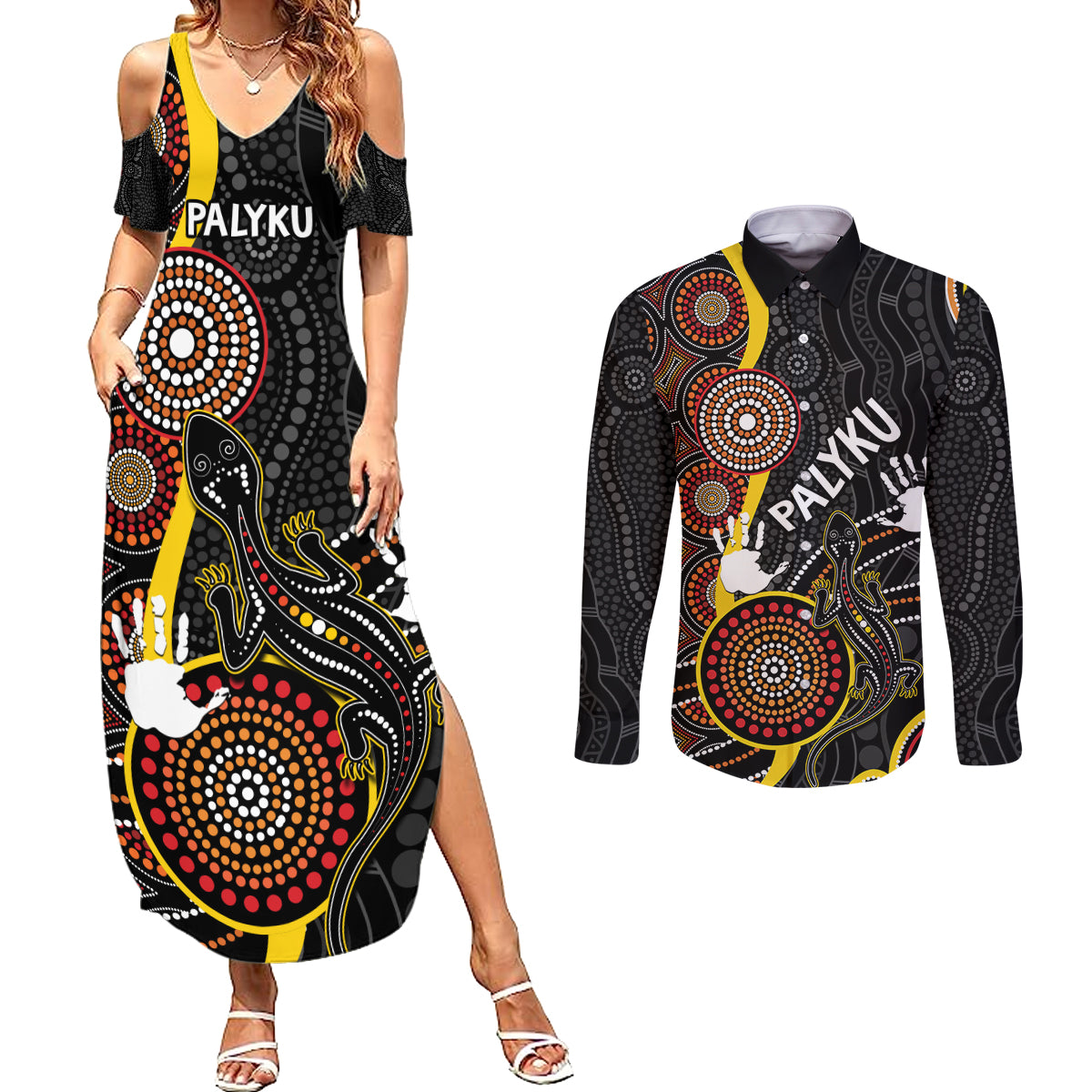 palyku-australia-lizard-aboriginal-art-couples-matching-summer-maxi-dress-and-long-sleeve-button-shirt