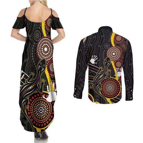 palyku-australia-lizard-aboriginal-art-couples-matching-summer-maxi-dress-and-long-sleeve-button-shirt