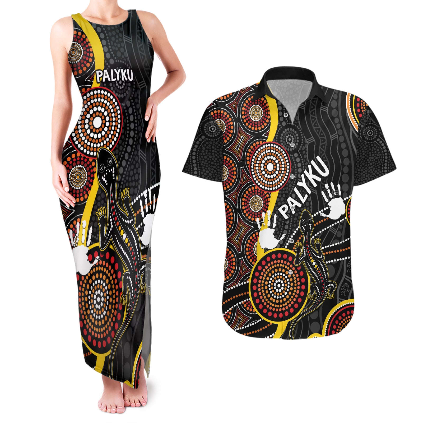 palyku-australia-lizard-aboriginal-art-couples-matching-tank-maxi-dress-and-hawaiian-shirt