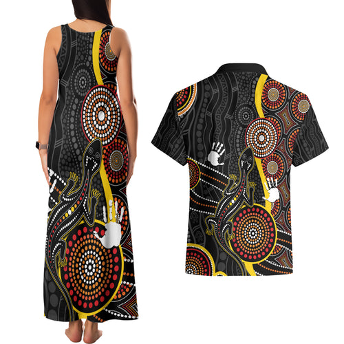 palyku-australia-lizard-aboriginal-art-couples-matching-tank-maxi-dress-and-hawaiian-shirt