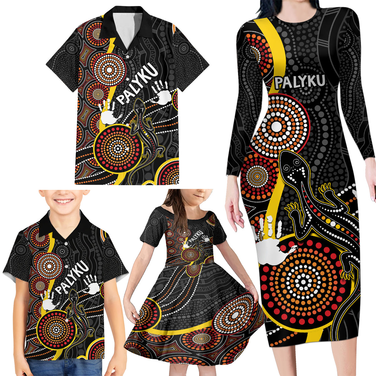 palyku-australia-lizard-aboriginal-art-family-matching-long-sleeve-bodycon-dress-and-hawaiian-shirt