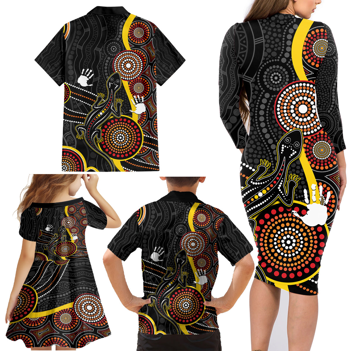 palyku-australia-lizard-aboriginal-art-family-matching-long-sleeve-bodycon-dress-and-hawaiian-shirt