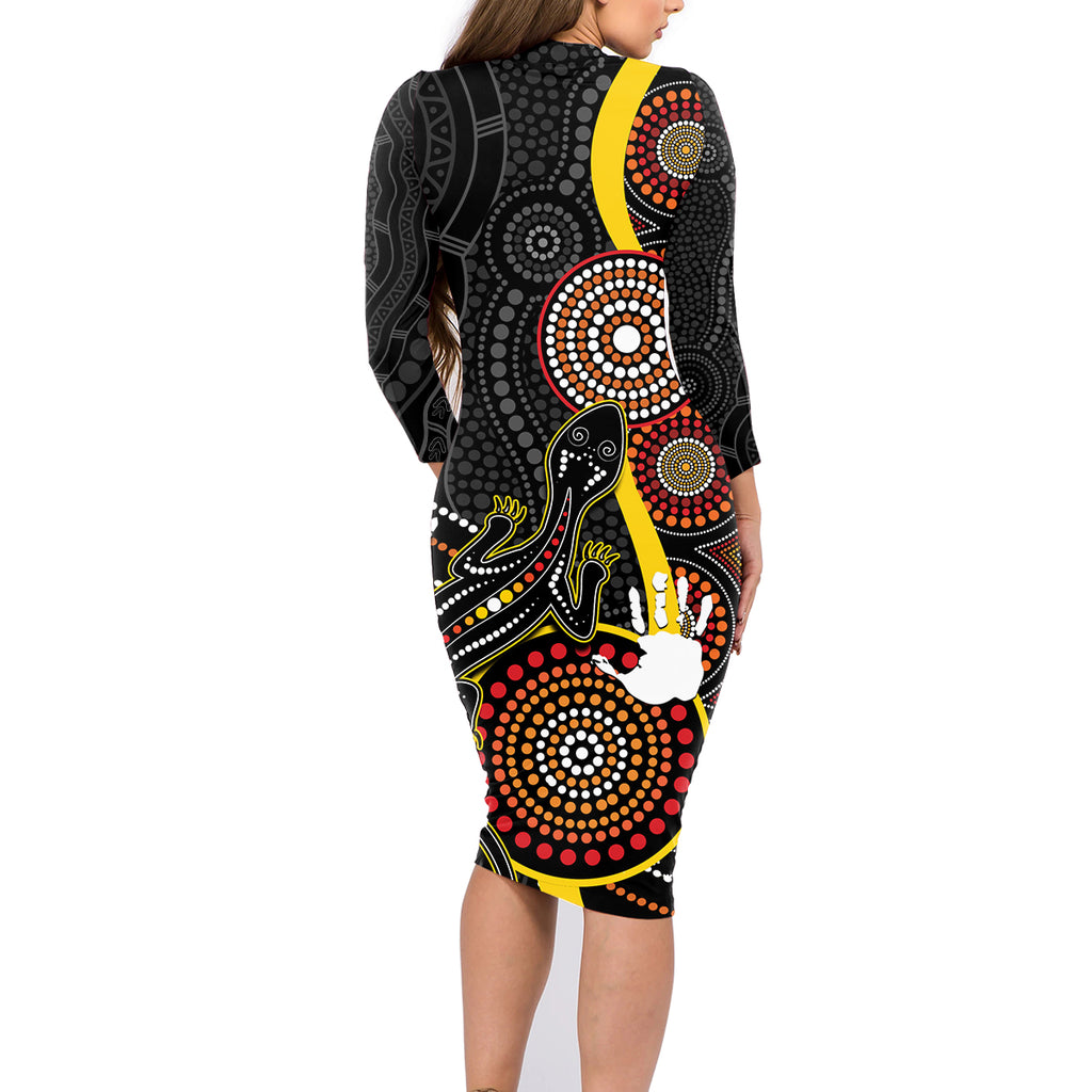 palyku-australia-lizard-aboriginal-art-family-matching-long-sleeve-bodycon-dress-and-hawaiian-shirt