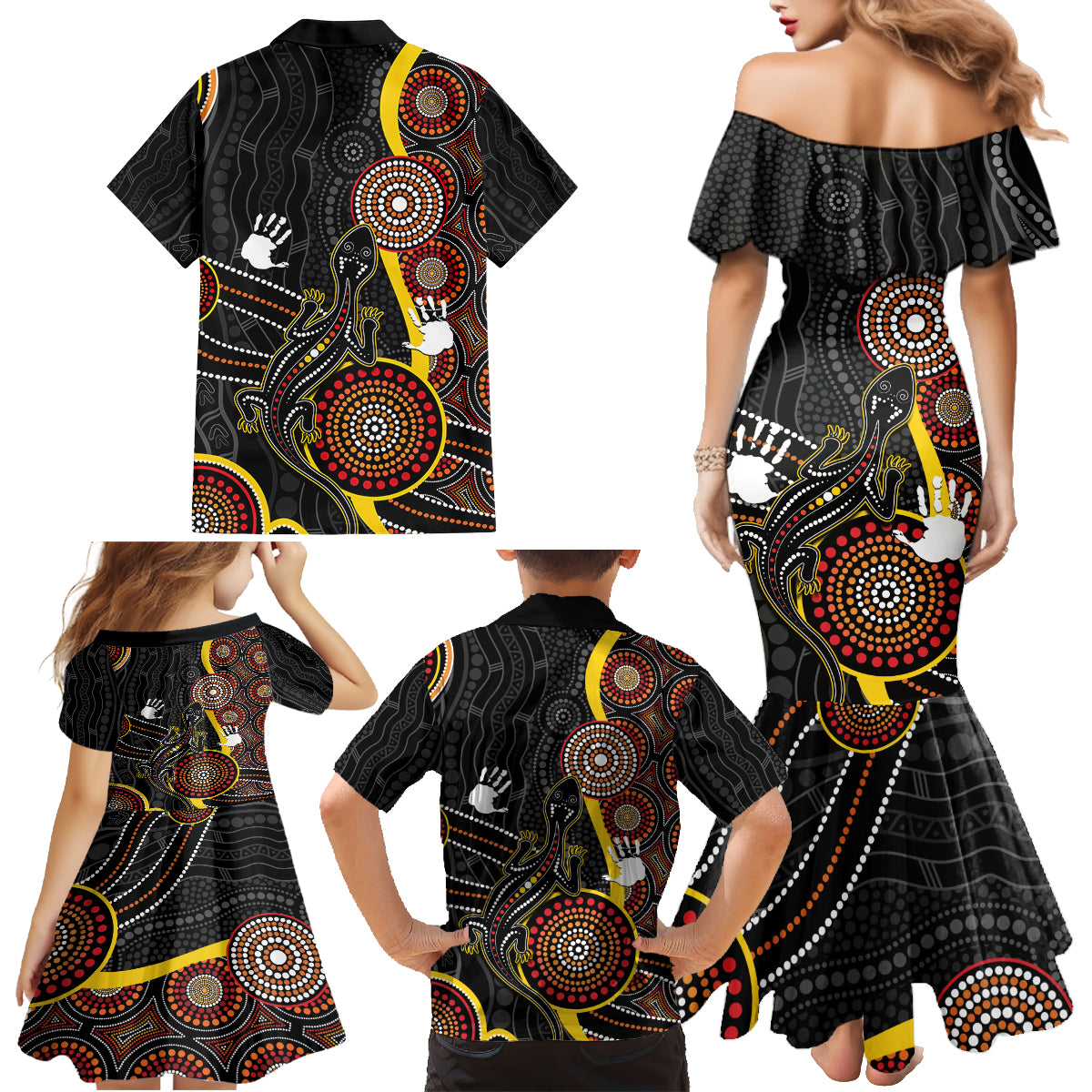 palyku-australia-lizard-aboriginal-art-family-matching-mermaid-dress-and-hawaiian-shirt