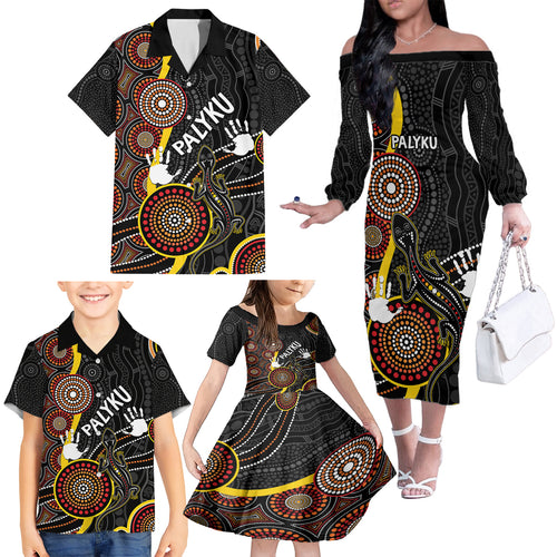palyku-australia-lizard-aboriginal-art-family-matching-off-shoulder-long-sleeve-dress-and-hawaiian-shirt