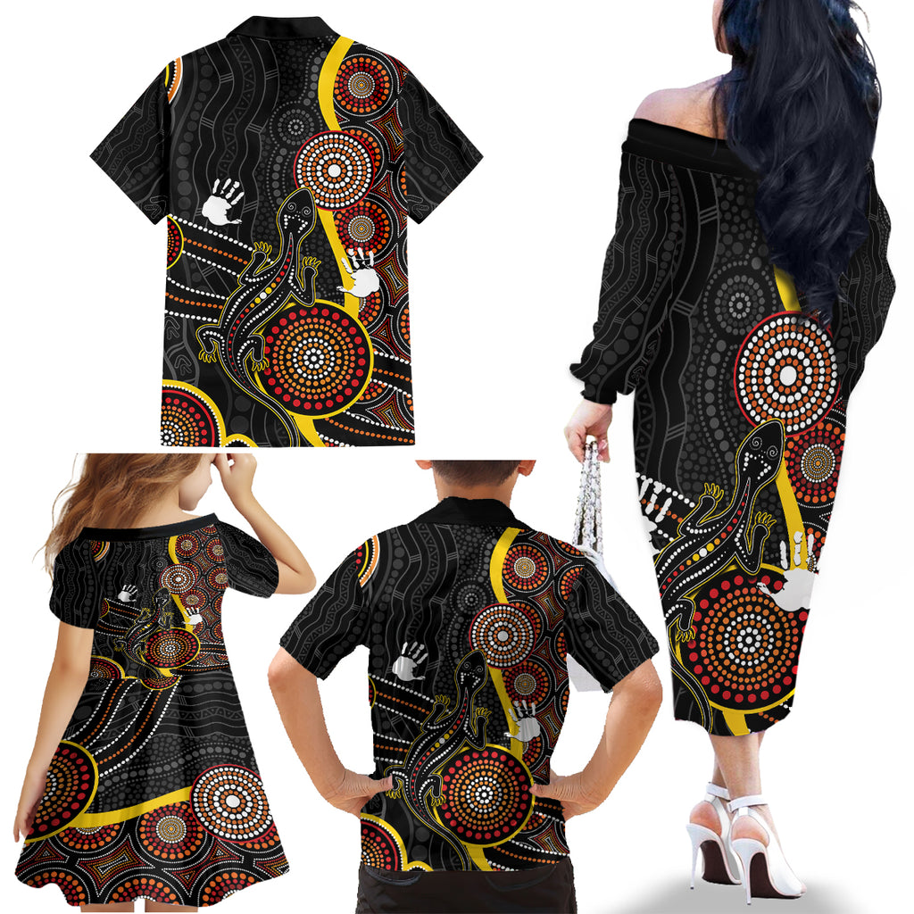palyku-australia-lizard-aboriginal-art-family-matching-off-shoulder-long-sleeve-dress-and-hawaiian-shirt