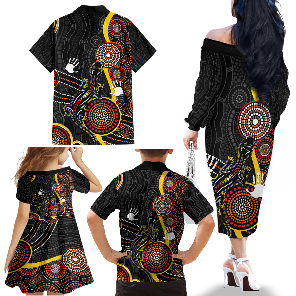 palyku-australia-lizard-aboriginal-art-family-matching-off-shoulder-long-sleeve-dress-and-hawaiian-shirt