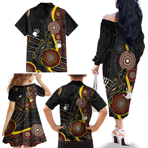 palyku-australia-lizard-aboriginal-art-family-matching-off-shoulder-long-sleeve-dress-and-hawaiian-shirt