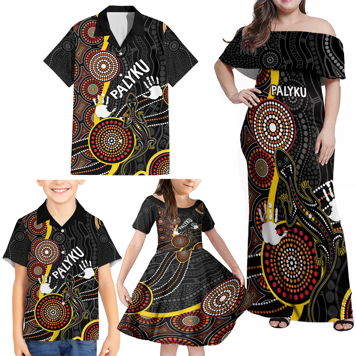 palyku-australia-lizard-aboriginal-art-family-matching-off-shoulder-maxi-dress-and-hawaiian-shirt
