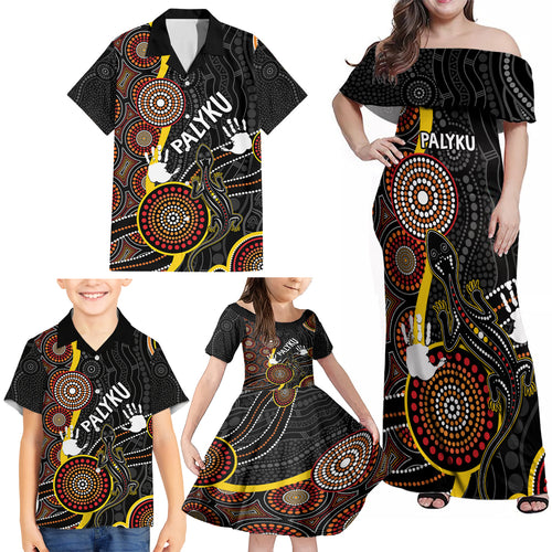 palyku-australia-lizard-aboriginal-art-family-matching-off-shoulder-maxi-dress-and-hawaiian-shirt