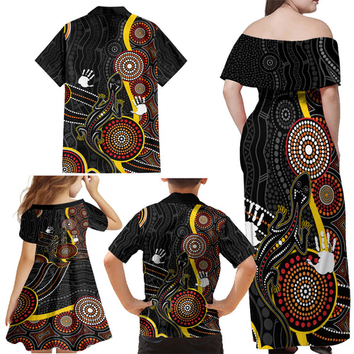 palyku-australia-lizard-aboriginal-art-family-matching-off-shoulder-maxi-dress-and-hawaiian-shirt