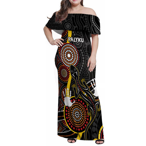 palyku-australia-lizard-aboriginal-art-family-matching-off-shoulder-maxi-dress-and-hawaiian-shirt
