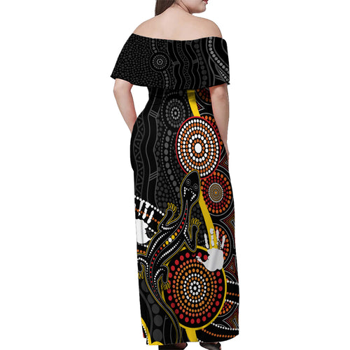 palyku-australia-lizard-aboriginal-art-family-matching-off-shoulder-maxi-dress-and-hawaiian-shirt