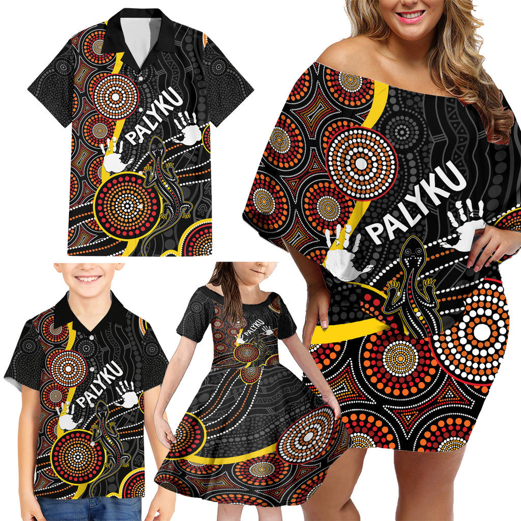 palyku-australia-lizard-aboriginal-art-family-matching-off-shoulder-short-dress-and-hawaiian-shirt