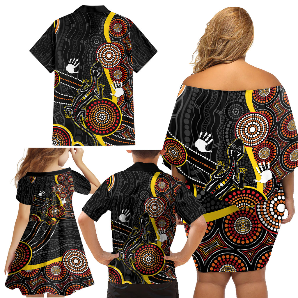 palyku-australia-lizard-aboriginal-art-family-matching-off-shoulder-short-dress-and-hawaiian-shirt