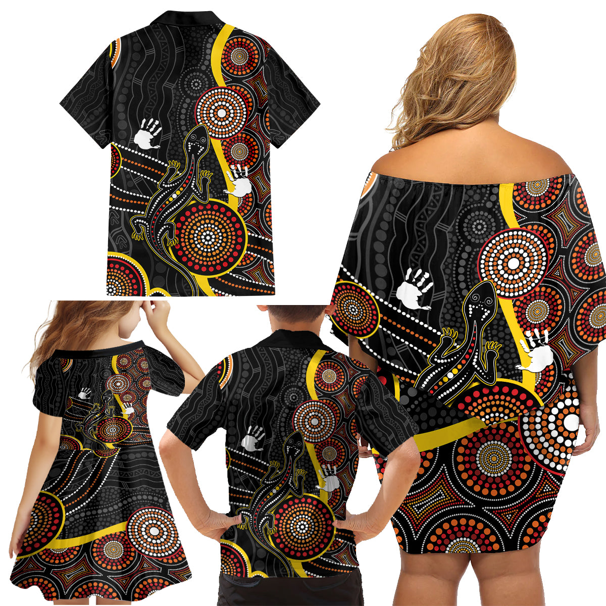 palyku-australia-lizard-aboriginal-art-family-matching-off-shoulder-short-dress-and-hawaiian-shirt