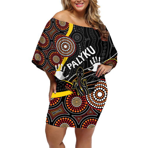 palyku-australia-lizard-aboriginal-art-family-matching-off-shoulder-short-dress-and-hawaiian-shirt