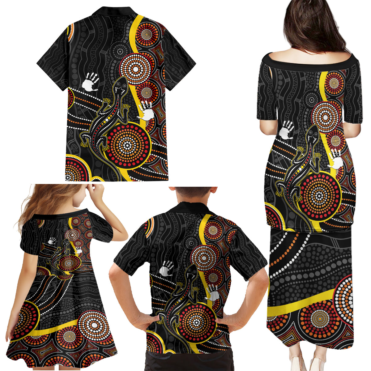 palyku-australia-lizard-aboriginal-art-family-matching-puletasi-dress-and-hawaiian-shirt