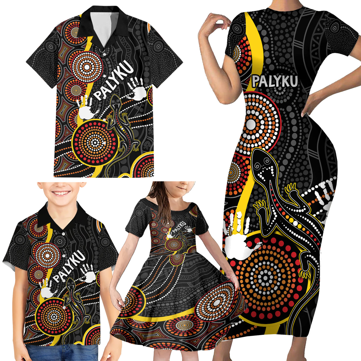palyku-australia-lizard-aboriginal-art-family-matching-short-sleeve-bodycon-dress-and-hawaiian-shirt